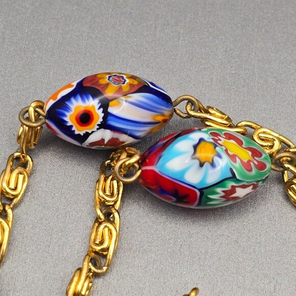 VTG Venetian Murano Millefiori Glass Beaded Station Necklace 31" Gold Plated - Picture 4 of 11